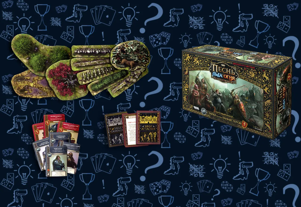 Компоненты настольной игры Песнь Льда и огня: миниатюры, карты и кубики