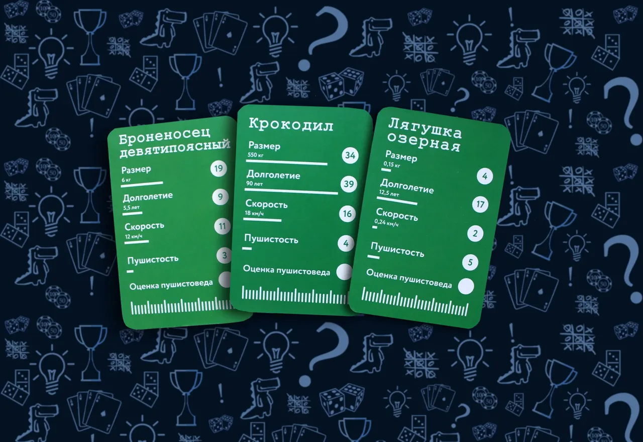 Игровые карты животных с различными свойствами в настольной игре Зверометр