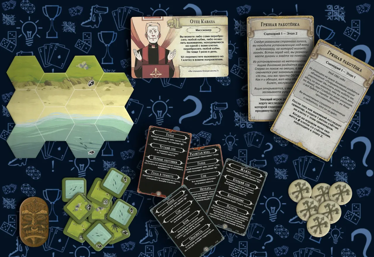 Часть содержимого настольной игры Остаться в живых Неизведанные земли, множество компонентов